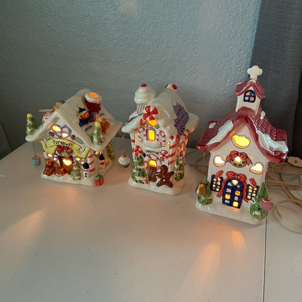 VNTAGE Christmas Village Candy Store, Toy Shop, & Church Ceramic Light up LOT